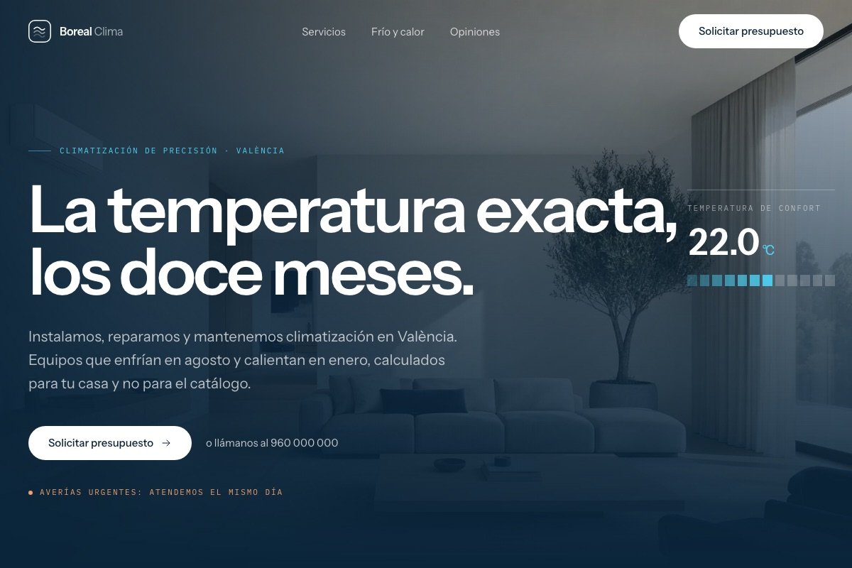 Portada de la web de Boreal Clima: «La temperatura exacta, los doce meses»