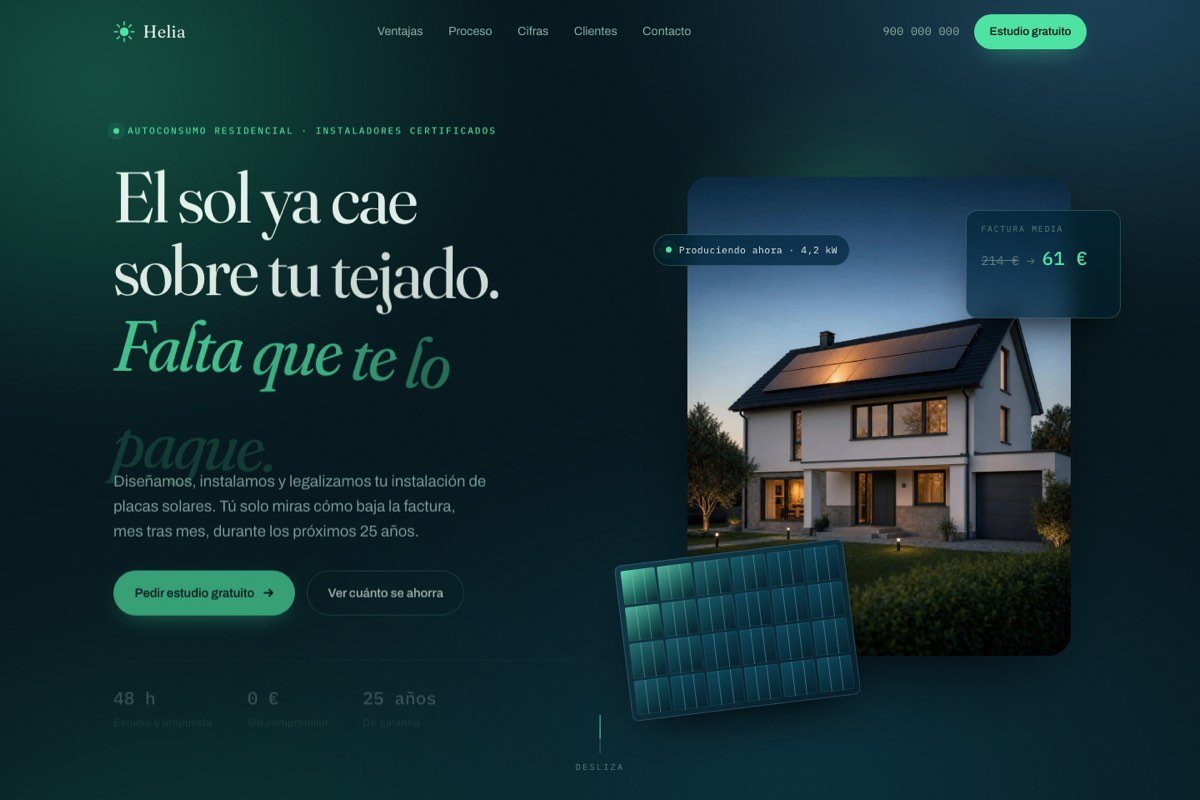 Portada de la web de Helia: «El sol ya cae sobre tu tejado»