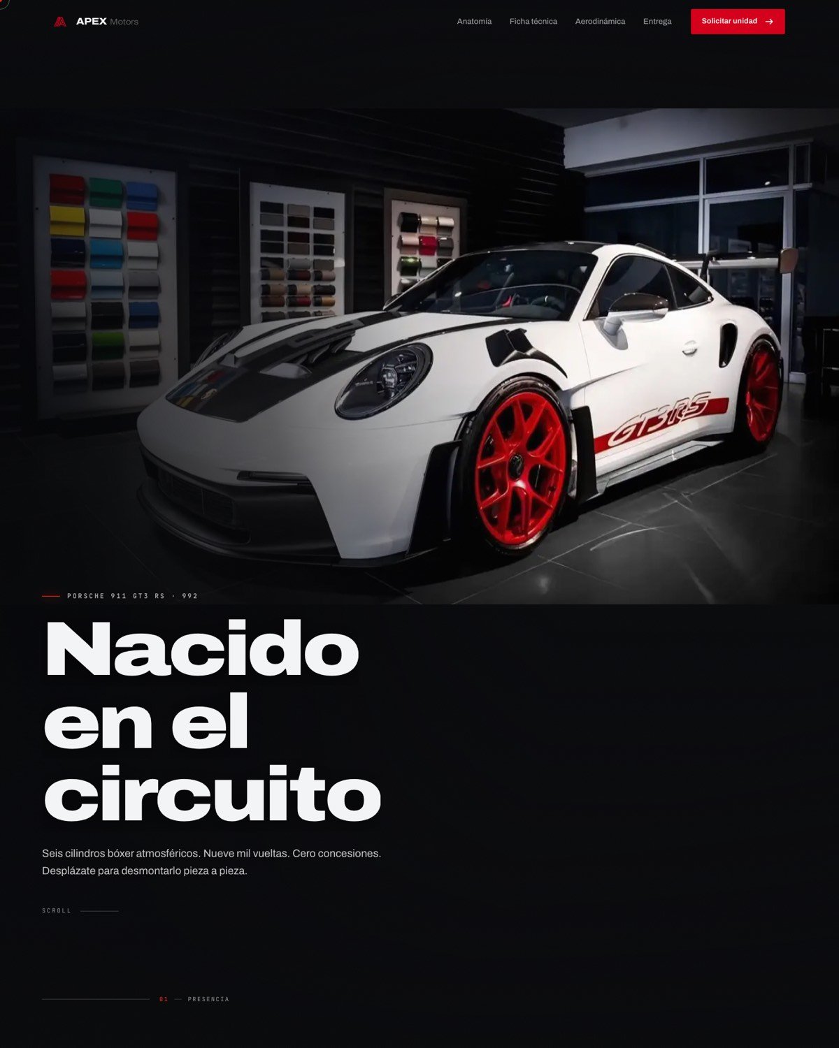 Web de APEX Motors, con un Porsche 911 GT3 RS